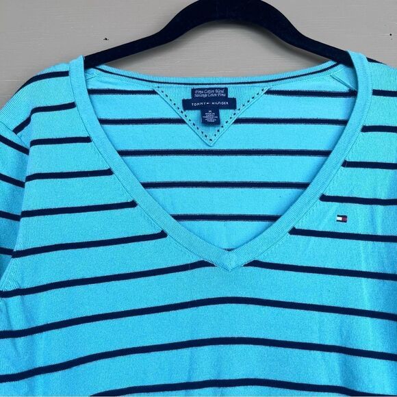 Tommy Hilfiger Stripped Sweater Pima Cotton Blend V-Neck Preppy Medium - Picture 3 of 7